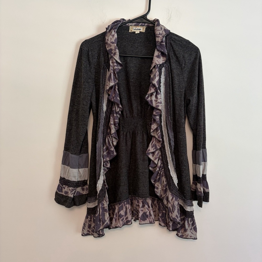 Lulumari Cardigan Tunic Boho Whimsy Artsy Heather‎ Gray Purple Flowy Size Large